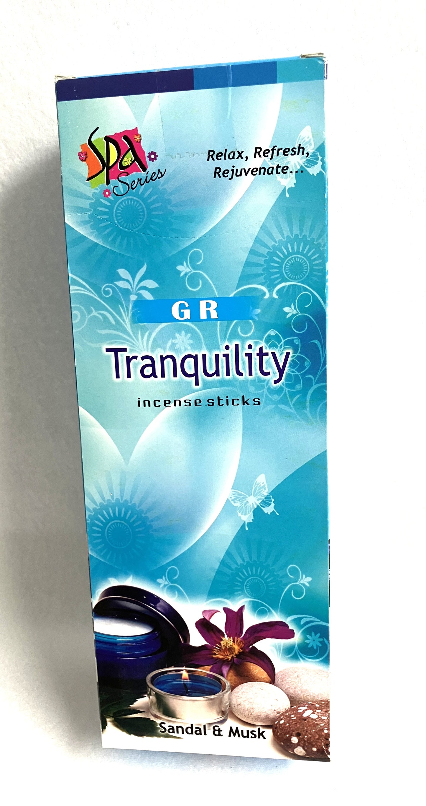 Packaging of  G R Tranquility incense sticks with a blue design and branding.