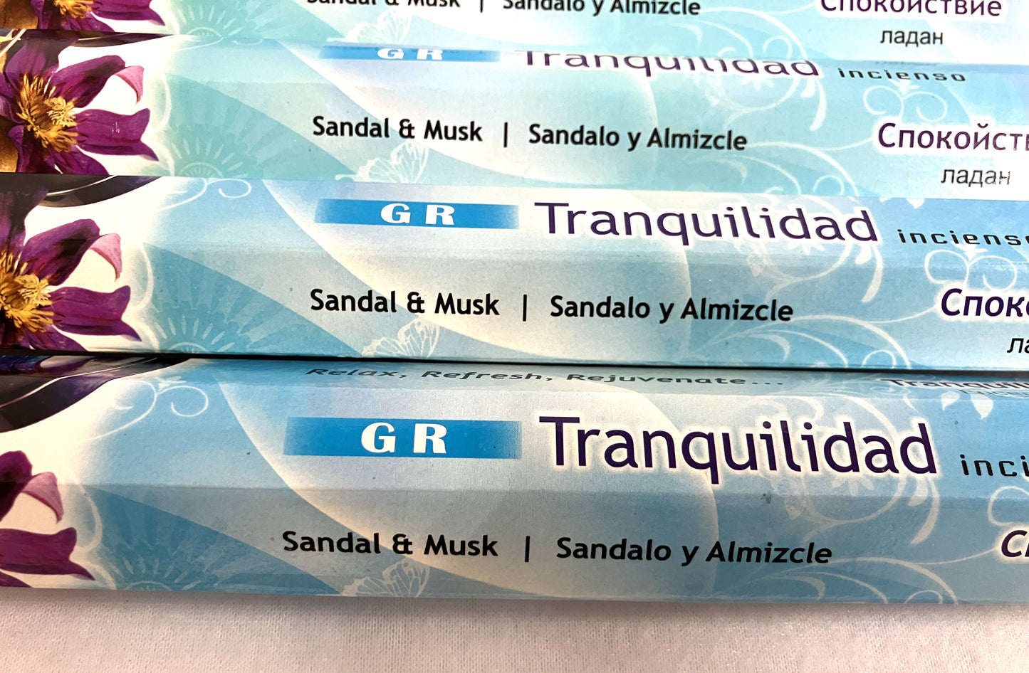 Packaging of G R Tranquilidad incense sticks with floral design