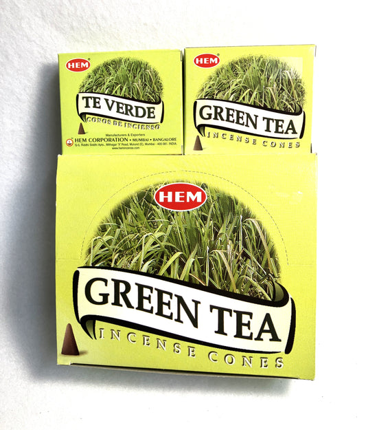 Master carton and two boxes of HEM Green Tea Incense Cones shown on a white background