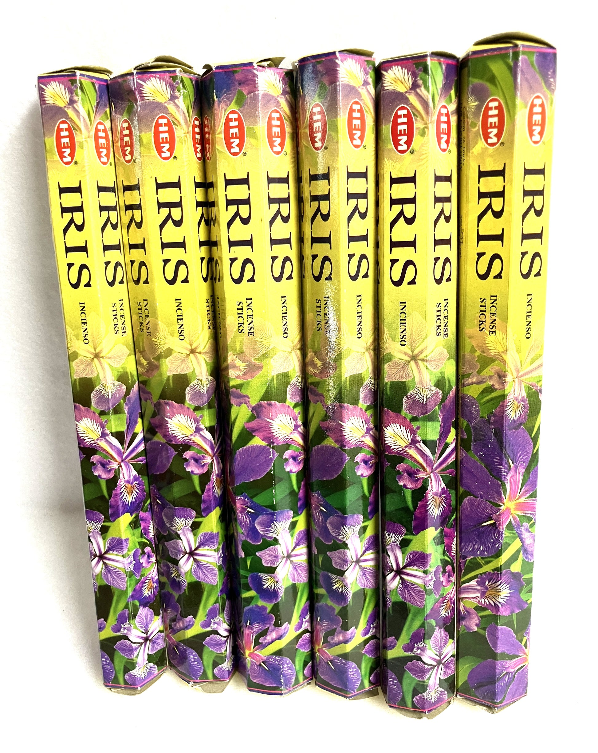 Pack of Iris incense sticks with colorful packaging on a white background