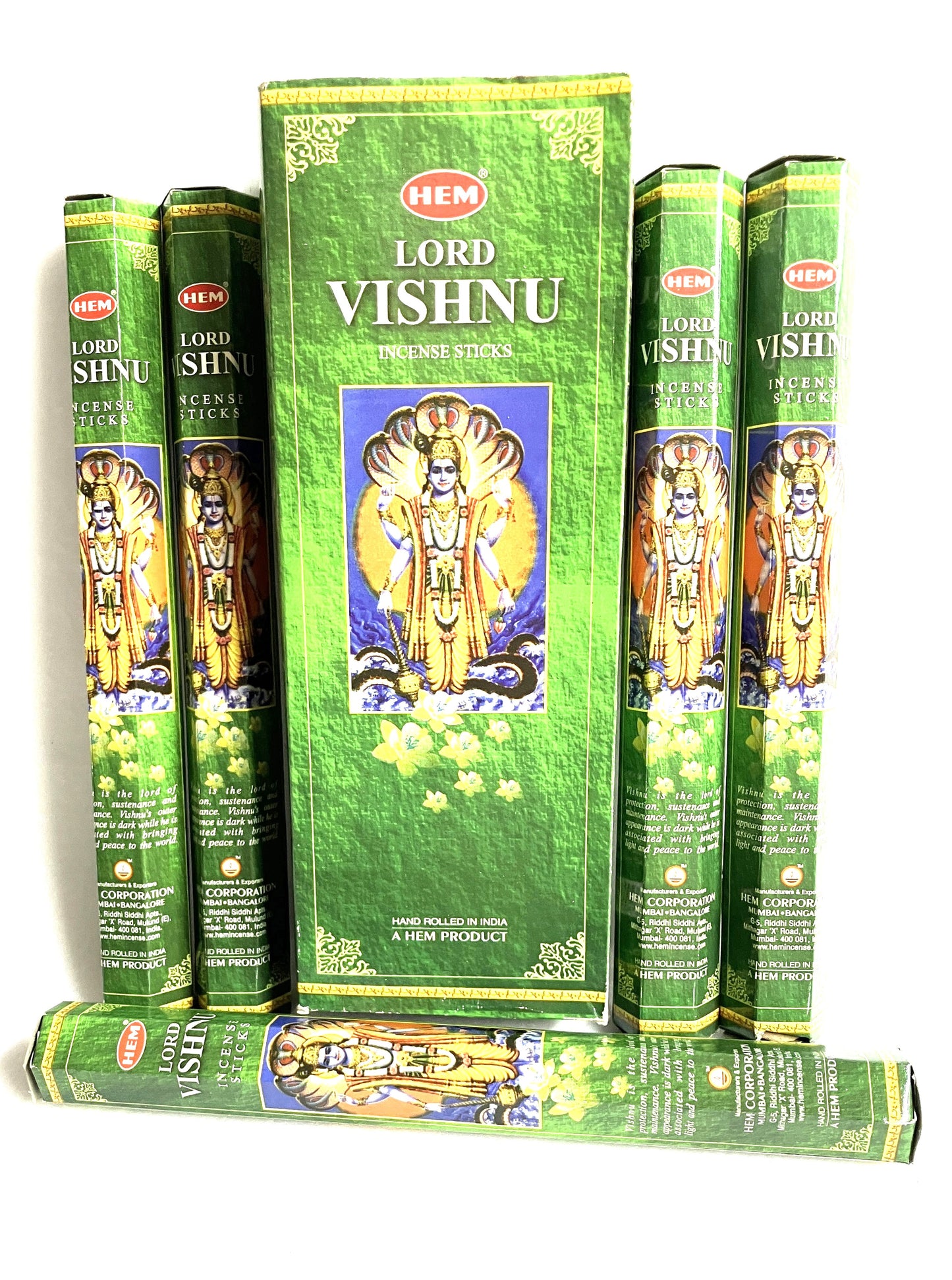 Green boxes of HEM Lord Vishnu incense sticks on a white background