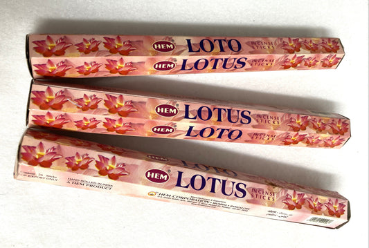 Three packages of Lotus incense sticks on a white background