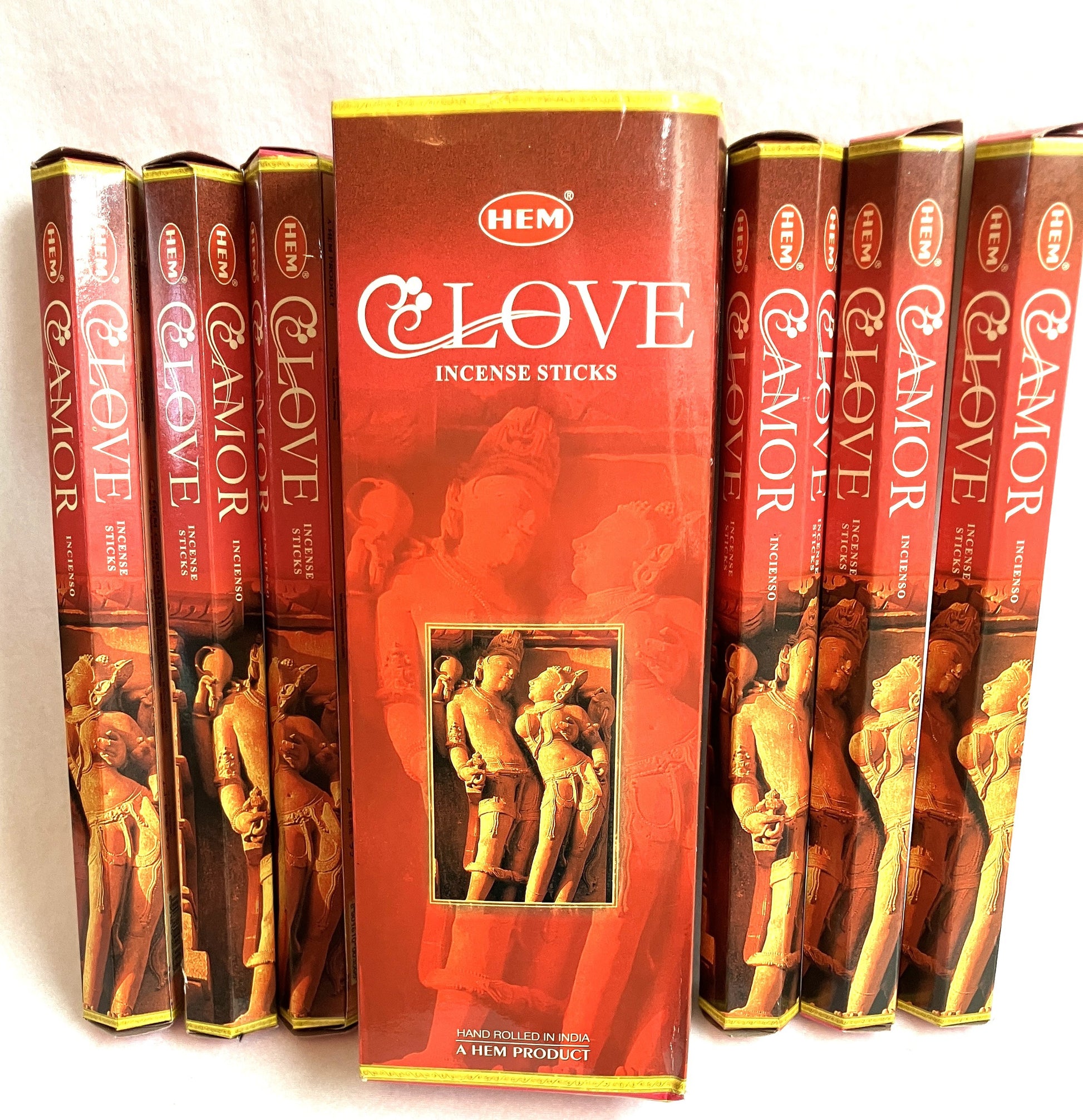 HEM Love Incense Sticks packaging with multiple boxes on a white background