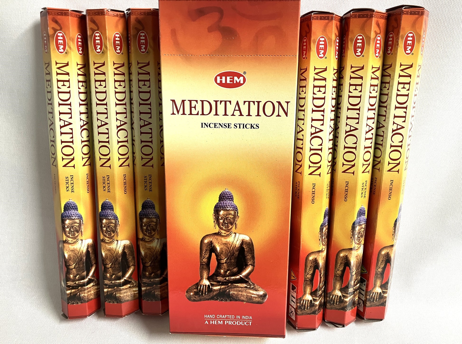 Hem Meditation incense sticks packaging with Buddha images on a white background