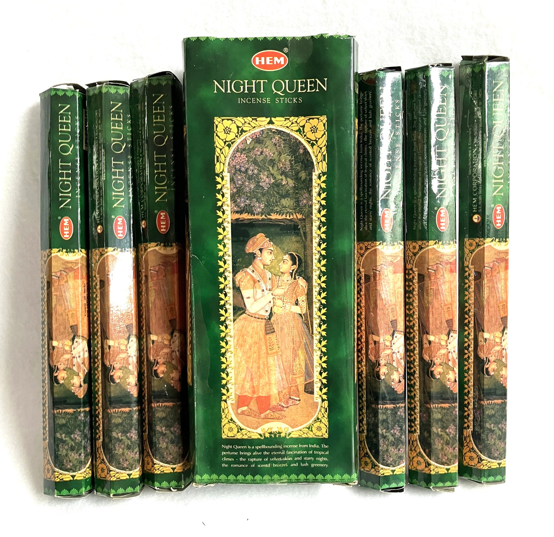 Hem Night Queen incense sticks packaging with multiple boxes on a white background