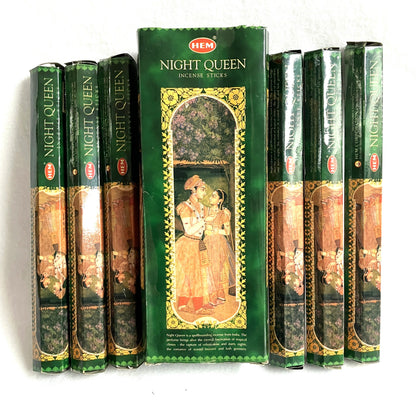 Hem Night Queen incense sticks packaging with multiple boxes on a white background