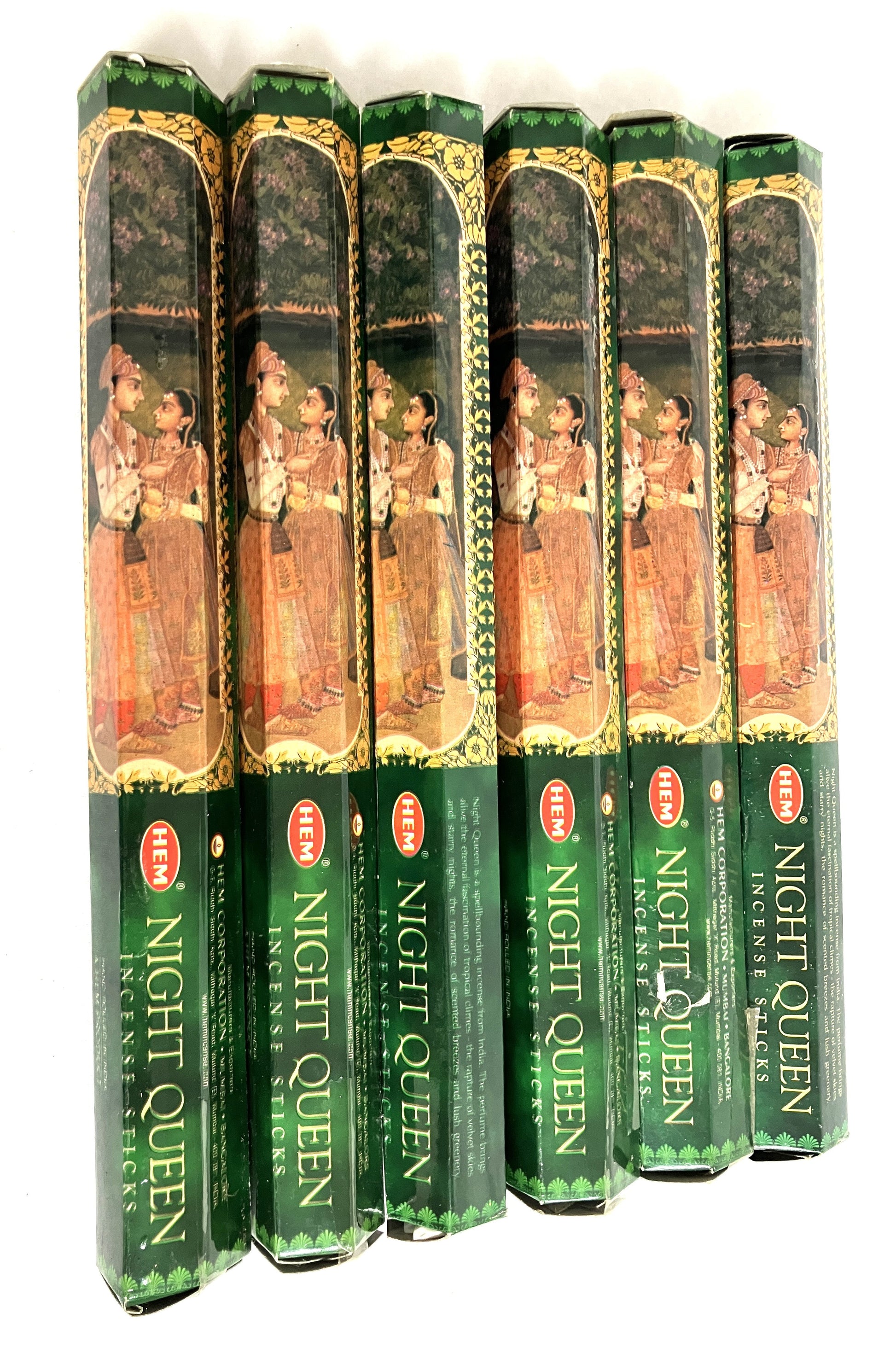 Pack of incense sticks labeled 'Night Queen' with green and gold packaging.