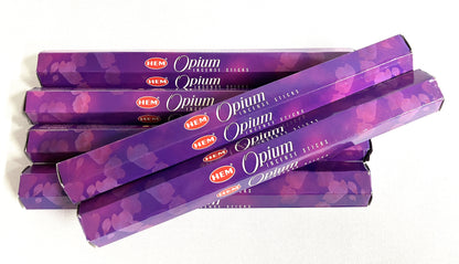 Purple HEM Opium incense sticks packaging on a white background