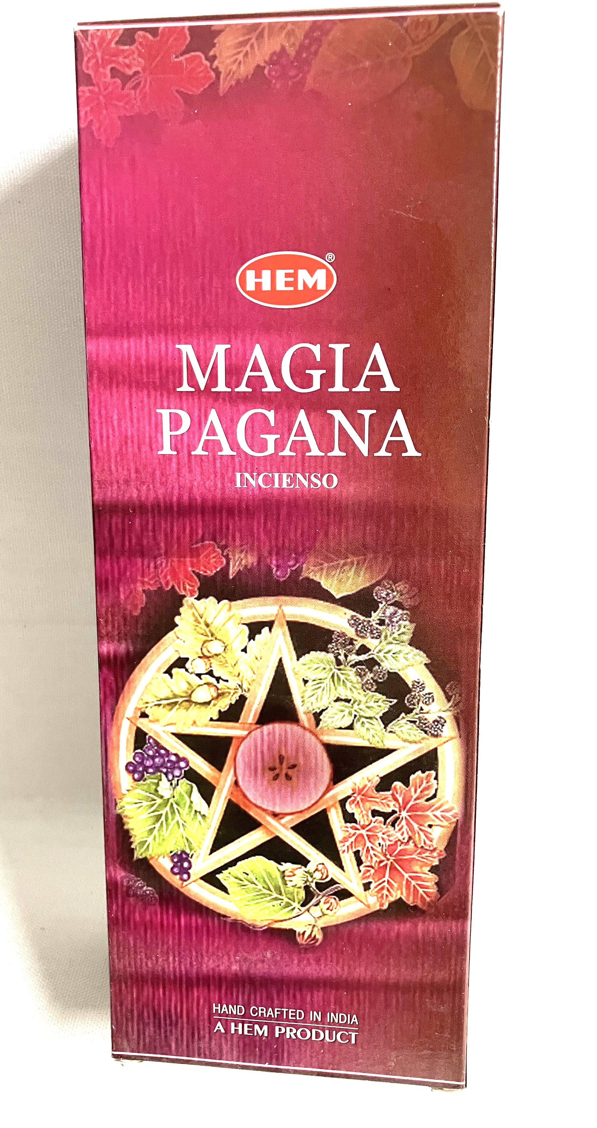 Box of HEM Magia Pagana incense with a pentacle design on a white background