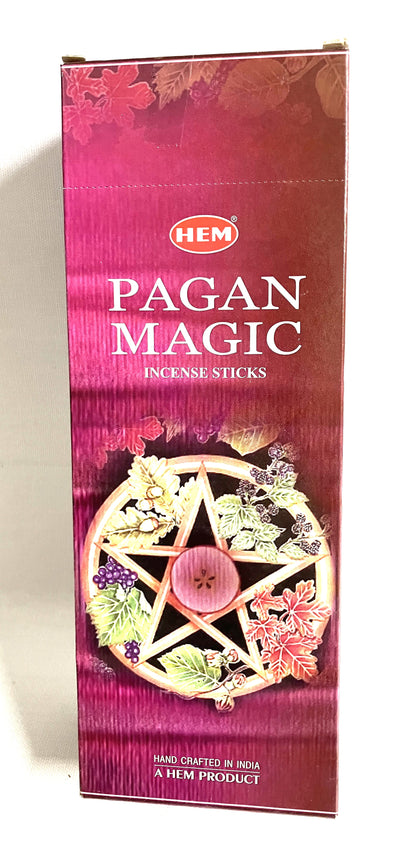 Box of HEM Pagan Magic incense sticks with a pentacle design on a pink background.