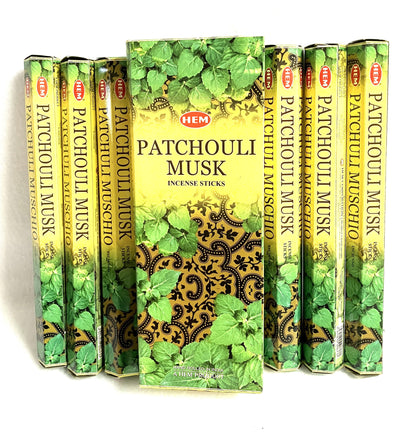 Hem Patchouli Musk incense sticks packaging on a white background