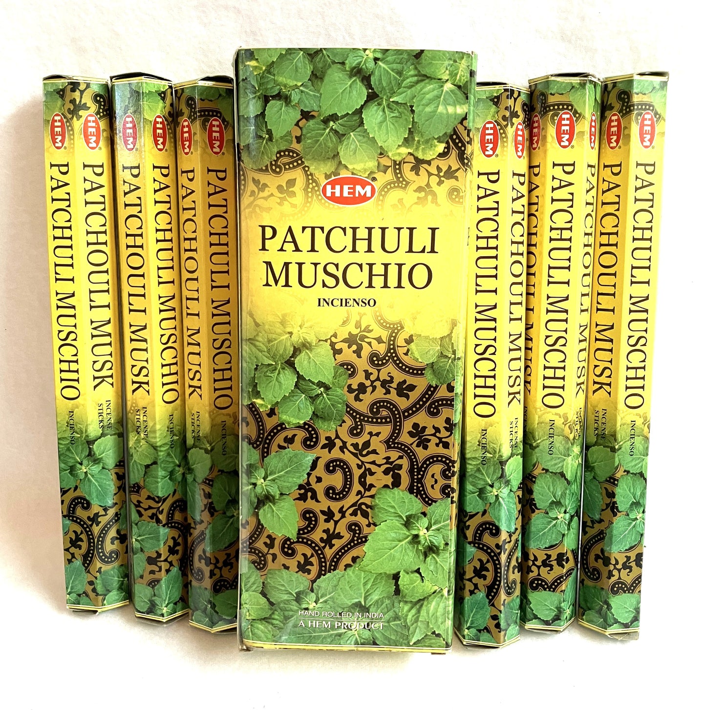 Hem Patchouli Muschio incense boxes arranged in a row on a white background