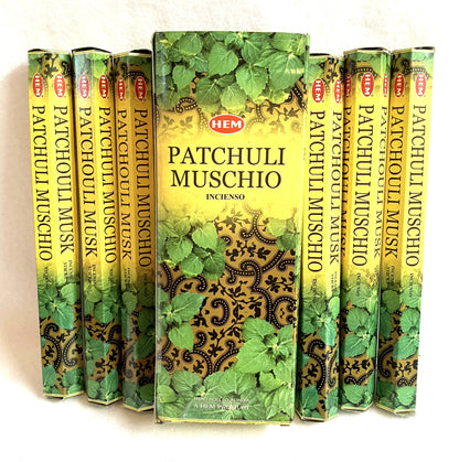 Hem Patchouli Muschio incense boxes arranged in a row on a white background