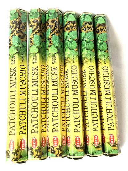 Pack of Patchouli Musk incense sticks with green and yellow packaging.