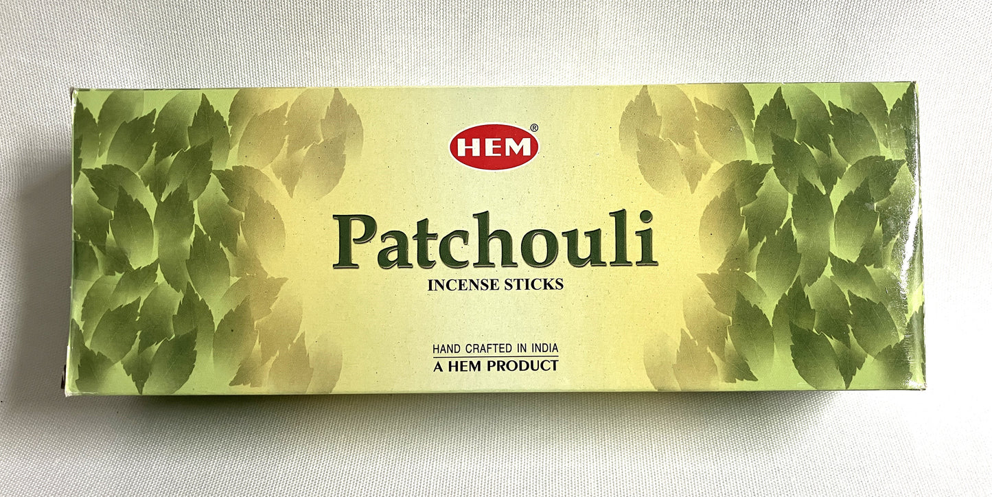 Box of HEM Patchouli incense sticks on a white background