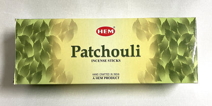 Box of HEM Patchouli incense sticks on a white background