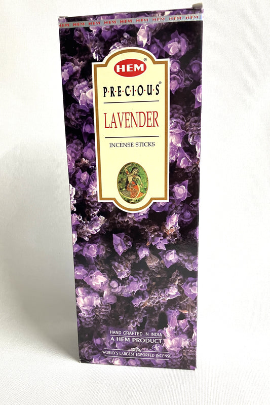 Hem Precious Lavender incense sticks packaging with purple gemstone design on a white background