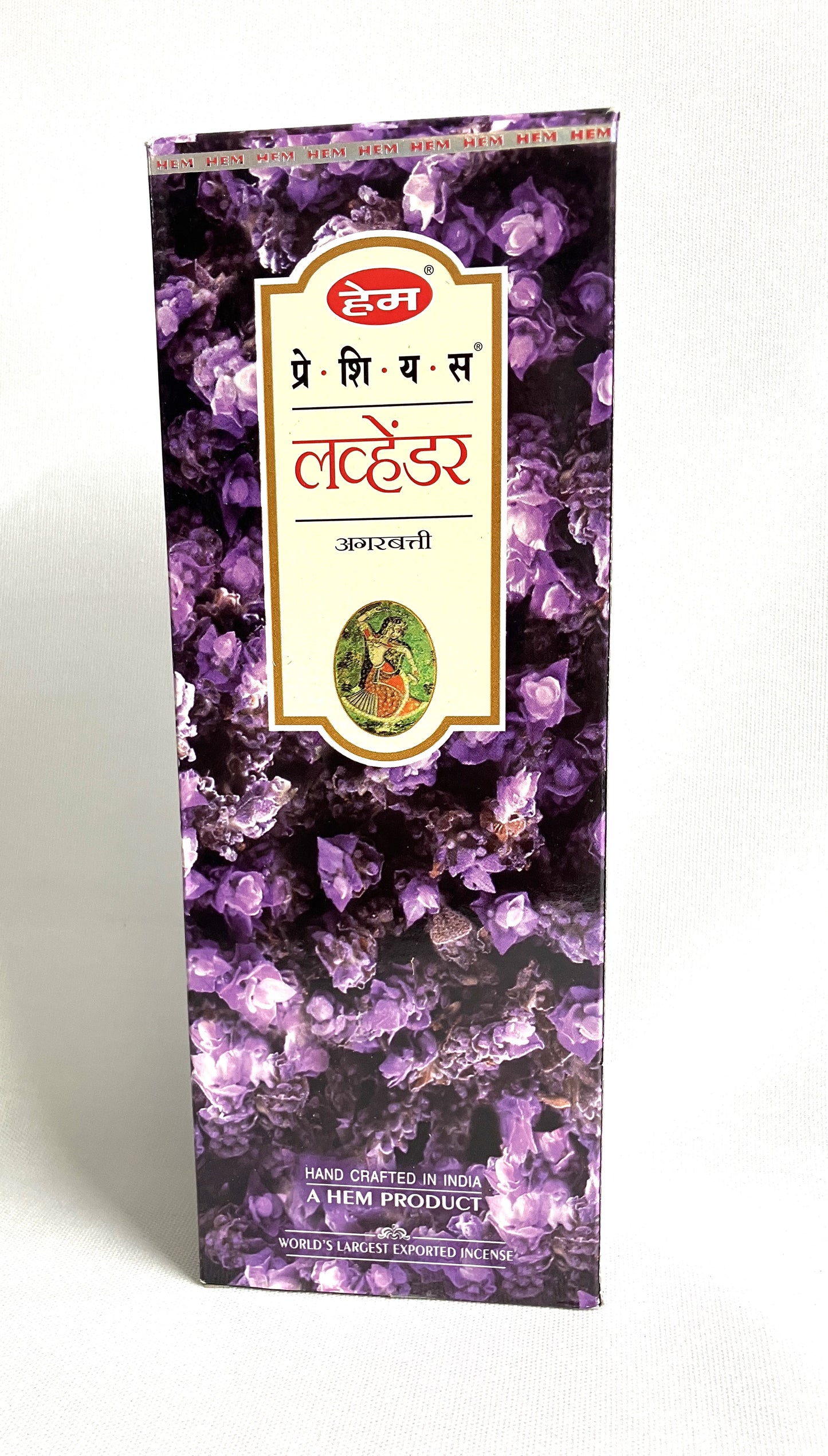 Hem incense packaging with purple design and brand logo on a white background