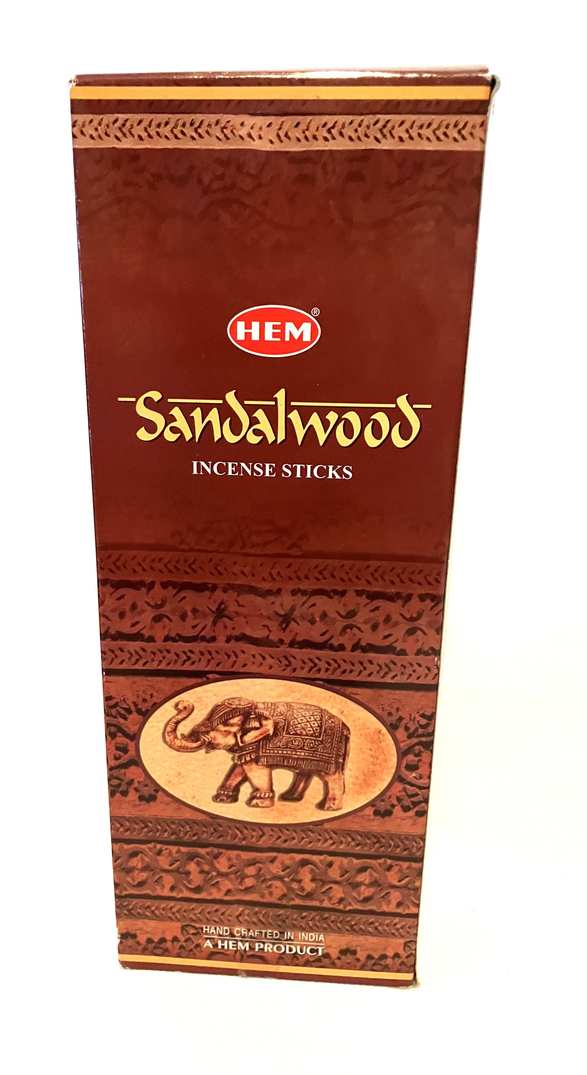 Master box of HEM Sandalwood Incense Sticks with decorative design and elephant illustration. 