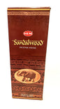 Master box of HEM Sandalwood Incense Sticks with decorative design and elephant illustration. 