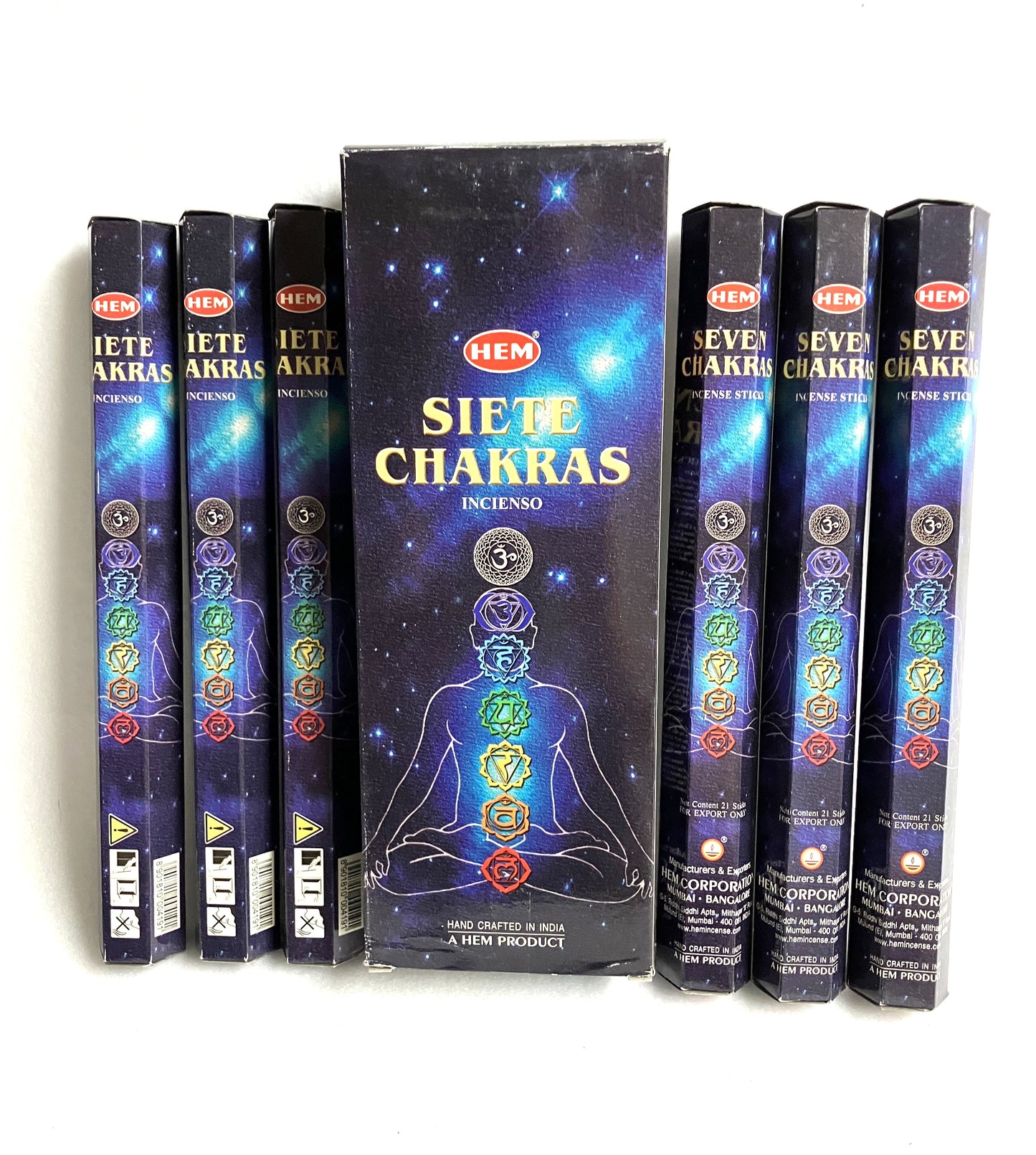 Front View of the Seven Chakra Hem Incense Master Carton and 6 individual 20 Stick Boxes. The front has an image of the colorful Chakras