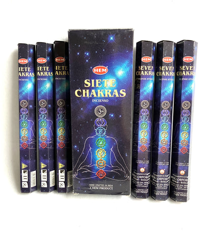 Front View of the Seven Chakra Hem Incense Master Carton and 6 individual 20 Stick Boxes. The front has an image of the colorful Chakras