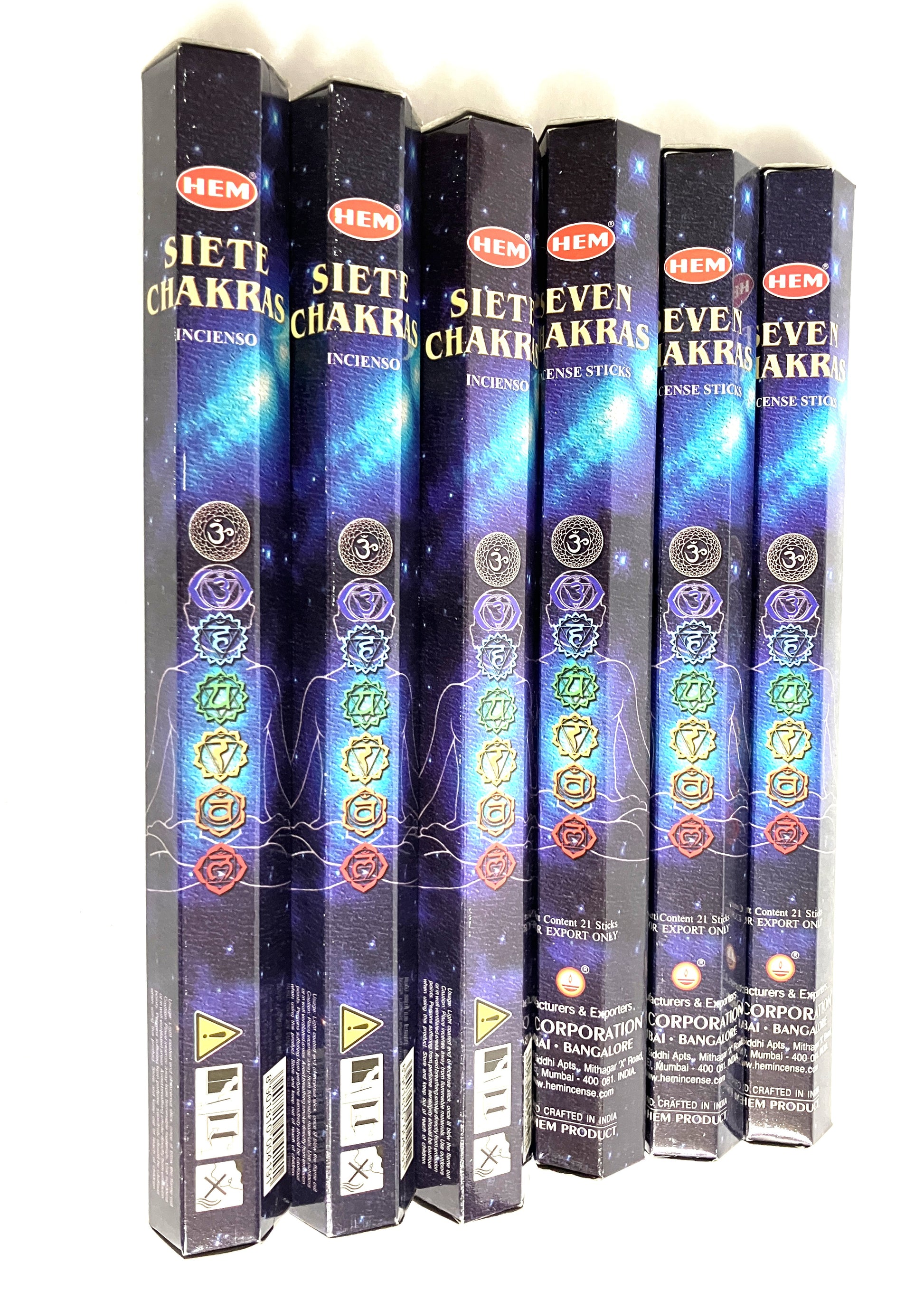 Angled View of Hem Seven Chakra Incense with Colorful Chakra Symbols on Boxes of 20 Sticks 