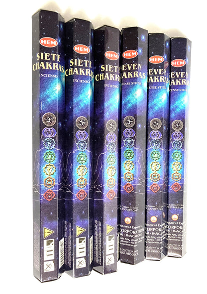Angled View of Hem Seven Chakra Incense with Colorful Chakra Symbols on Boxes of 20 Sticks 