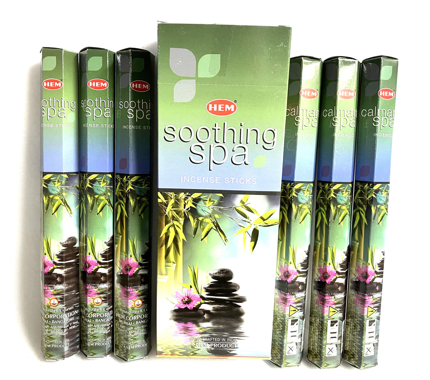 HEM soothing spa incense sticks packaging with multiple boxes on a white background