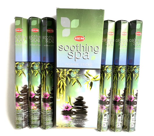 HEM soothing spa incense sticks packaging with multiple boxes on a white background