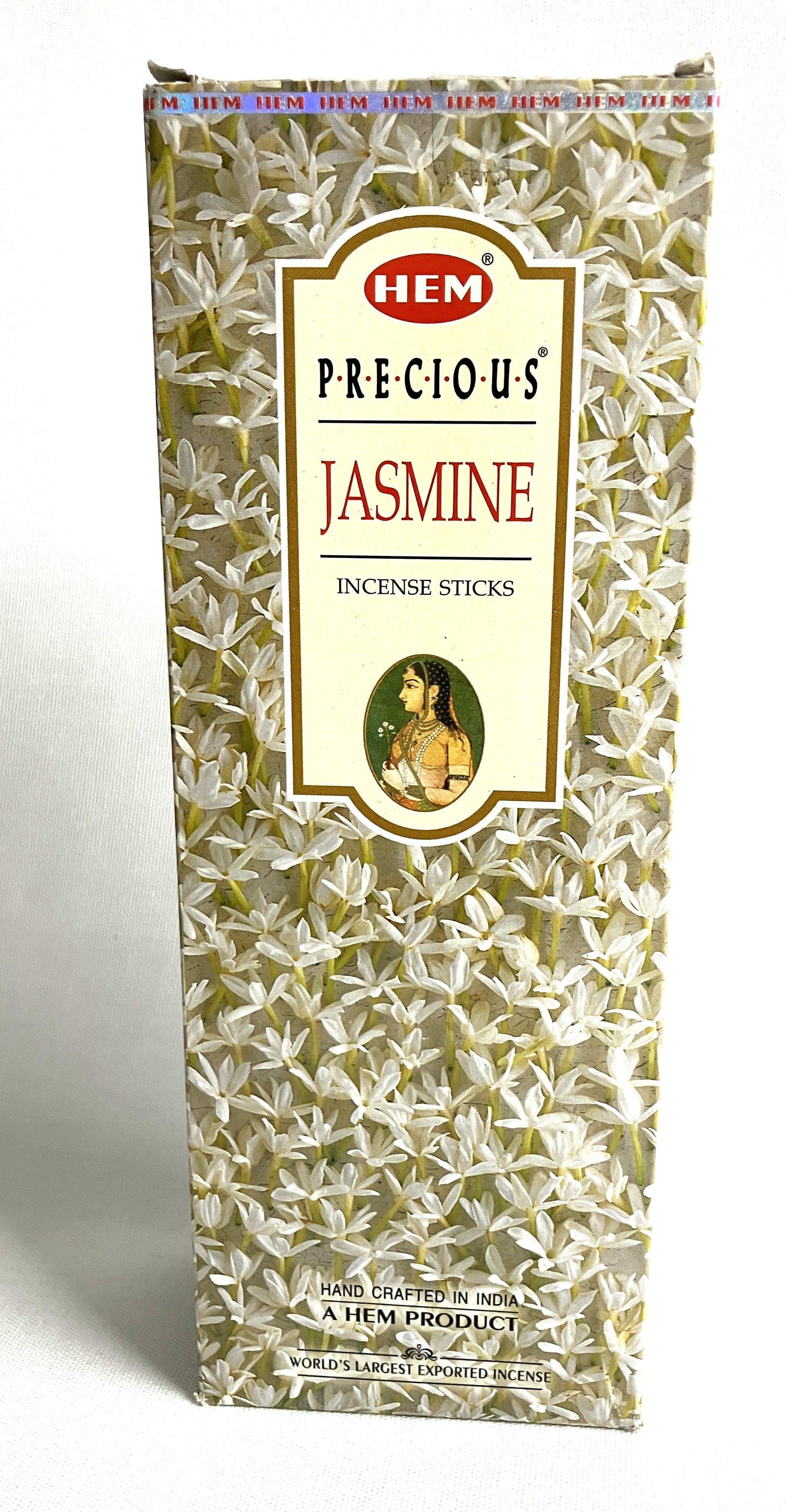 Package of HEM Precious Jasmine incense sticks on a white background
