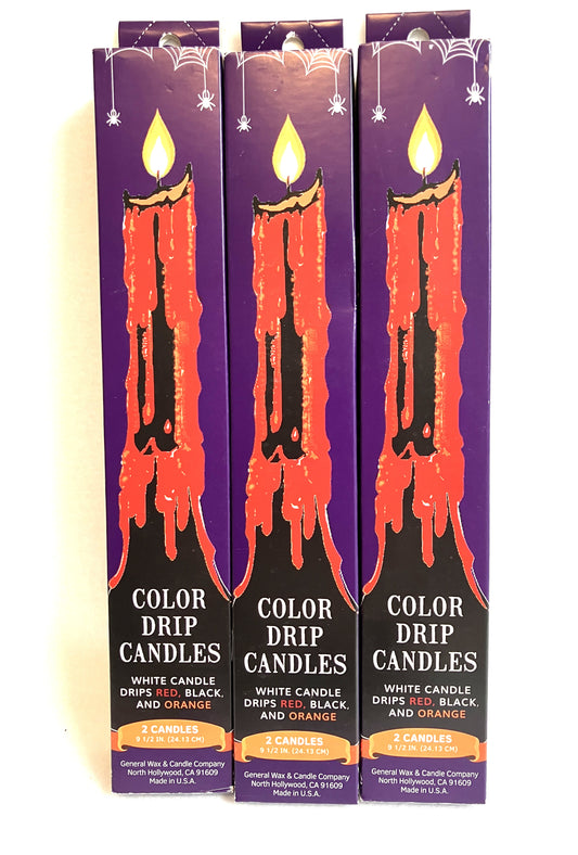 Three packages of Color Drip Candles with a purple background and candle illustration. great for Halloween