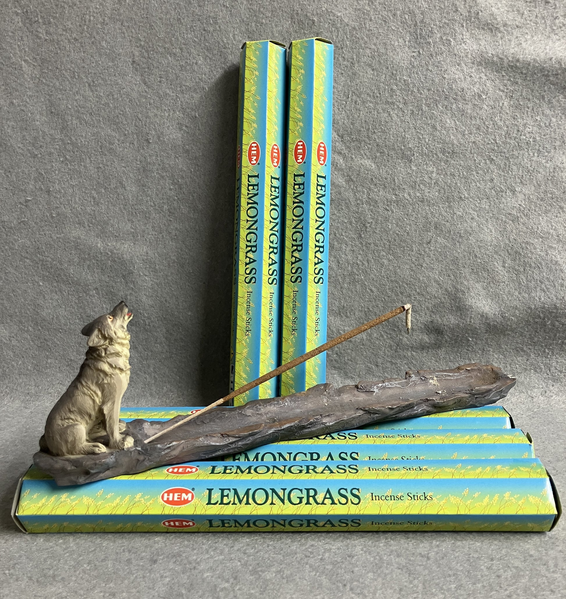 Hem Lmongrass incense boxes show with a Wolf incense burner