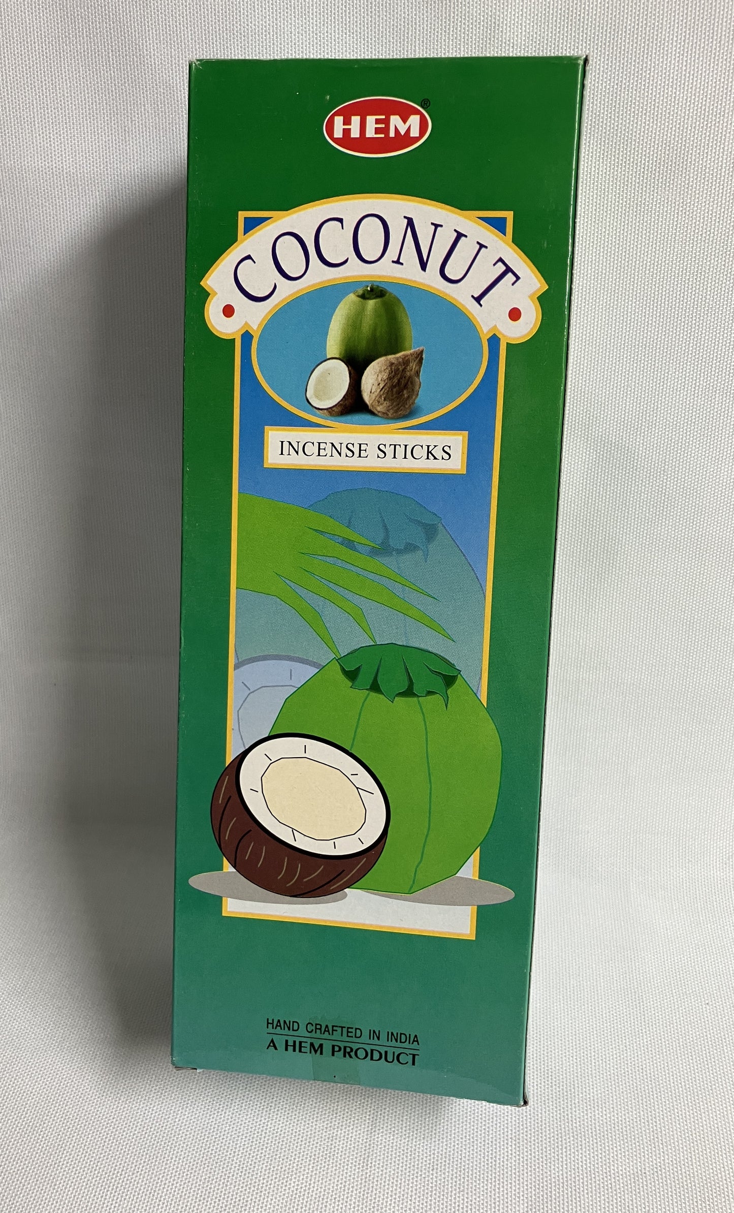 Box of HEM Coconut Incense Sticks on a white background