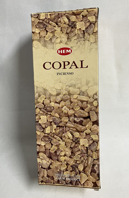 Box of HEM Copal incense on a light gray background