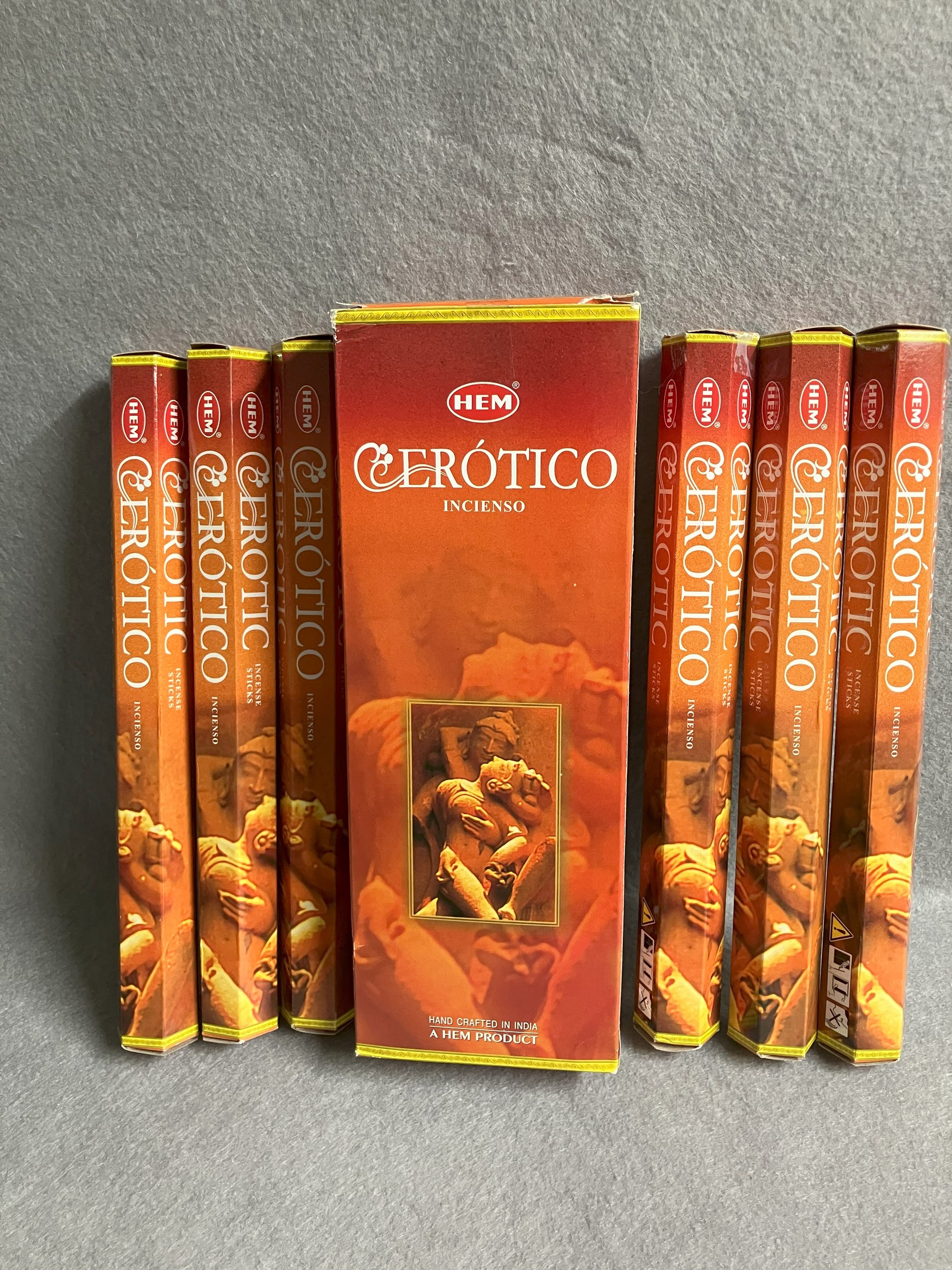 HEM Erotico incense packaging on a gray background