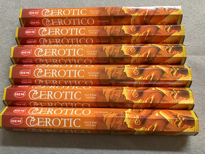 Pack of Incense sticks with 'ErotIC' and 'CEROTICO' branding on a gray background