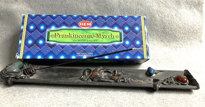 Hem Frankincense  Myrrh incense master carton shown with an incense burner on a light gray background