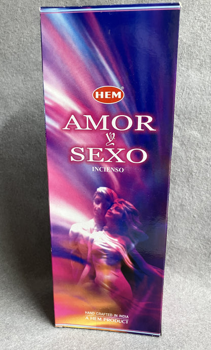 Hem Amor y Sexo incense packaging on a gray background