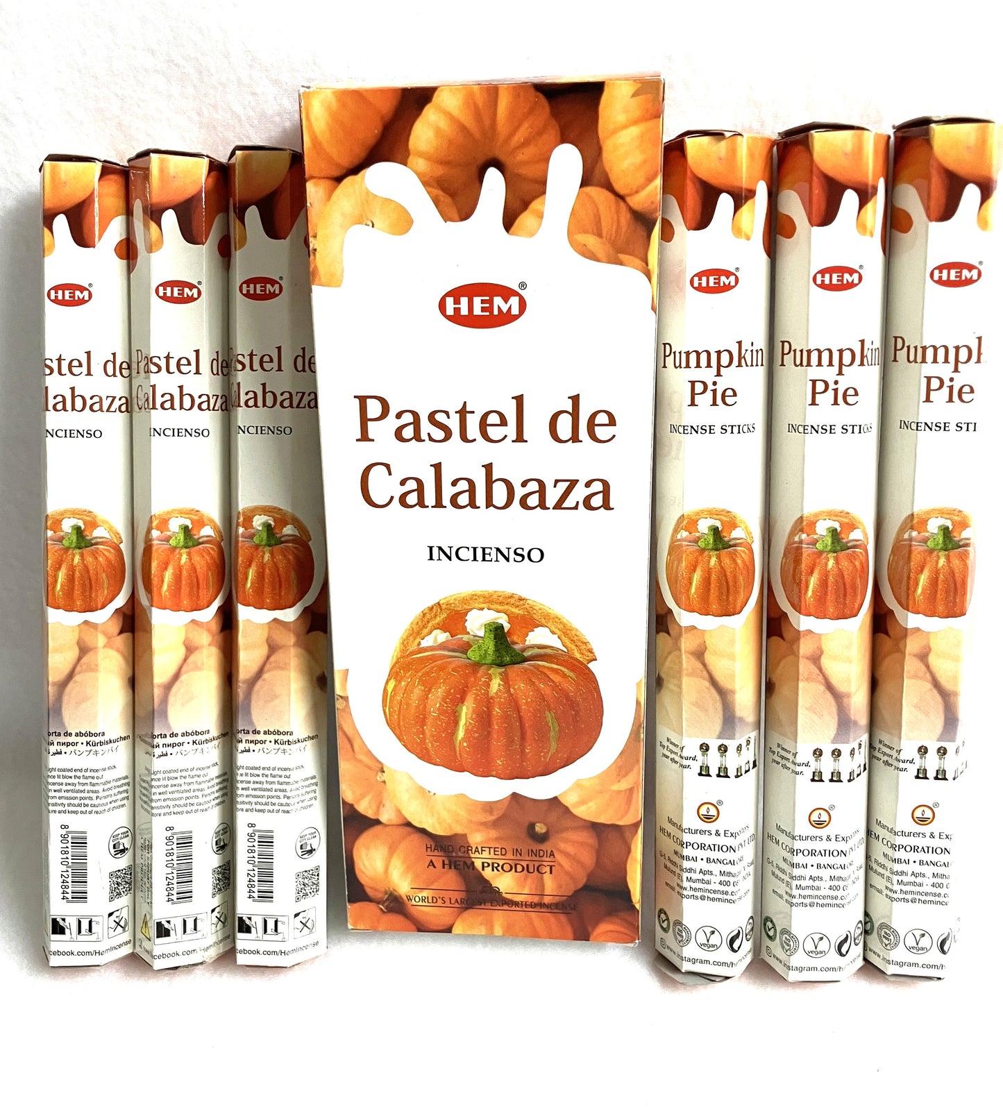HEM pumpkin pie incense packaging shown in Spanish with multiple boxes displayed.