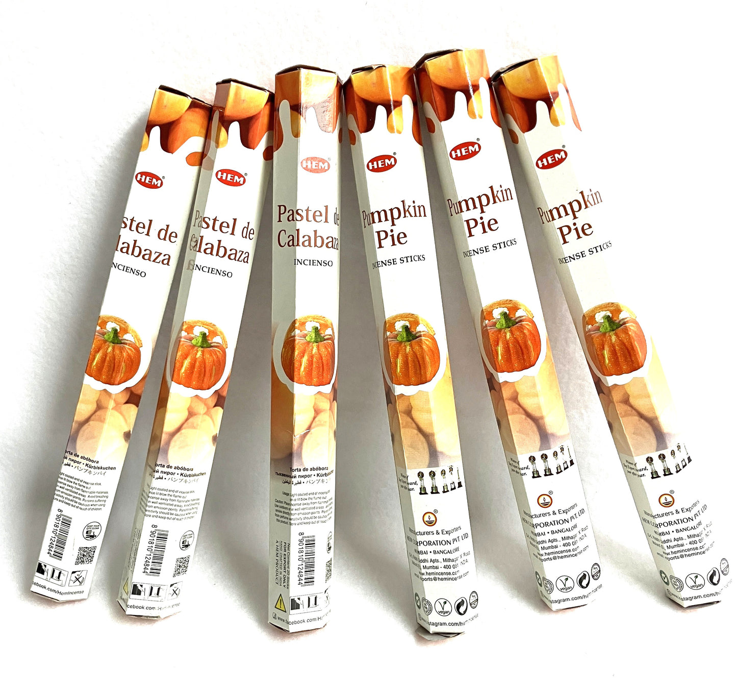 HEM Pumpkin Pie incense Boxes of 20 sticks. shows  packaging on a white background