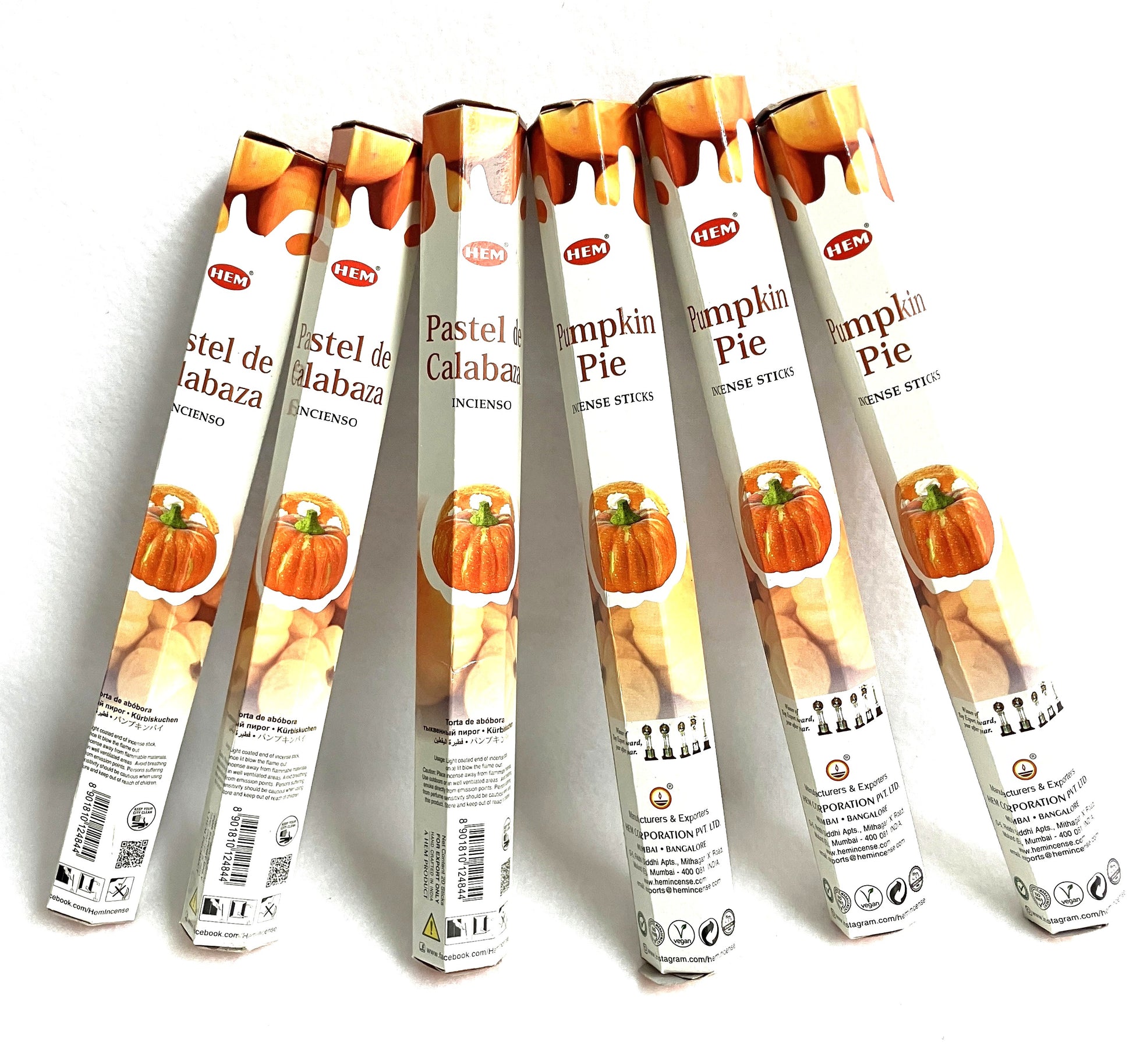 HEM Pumpkin Pie incense Boxes of 20 sticks. shows  packaging on a white background