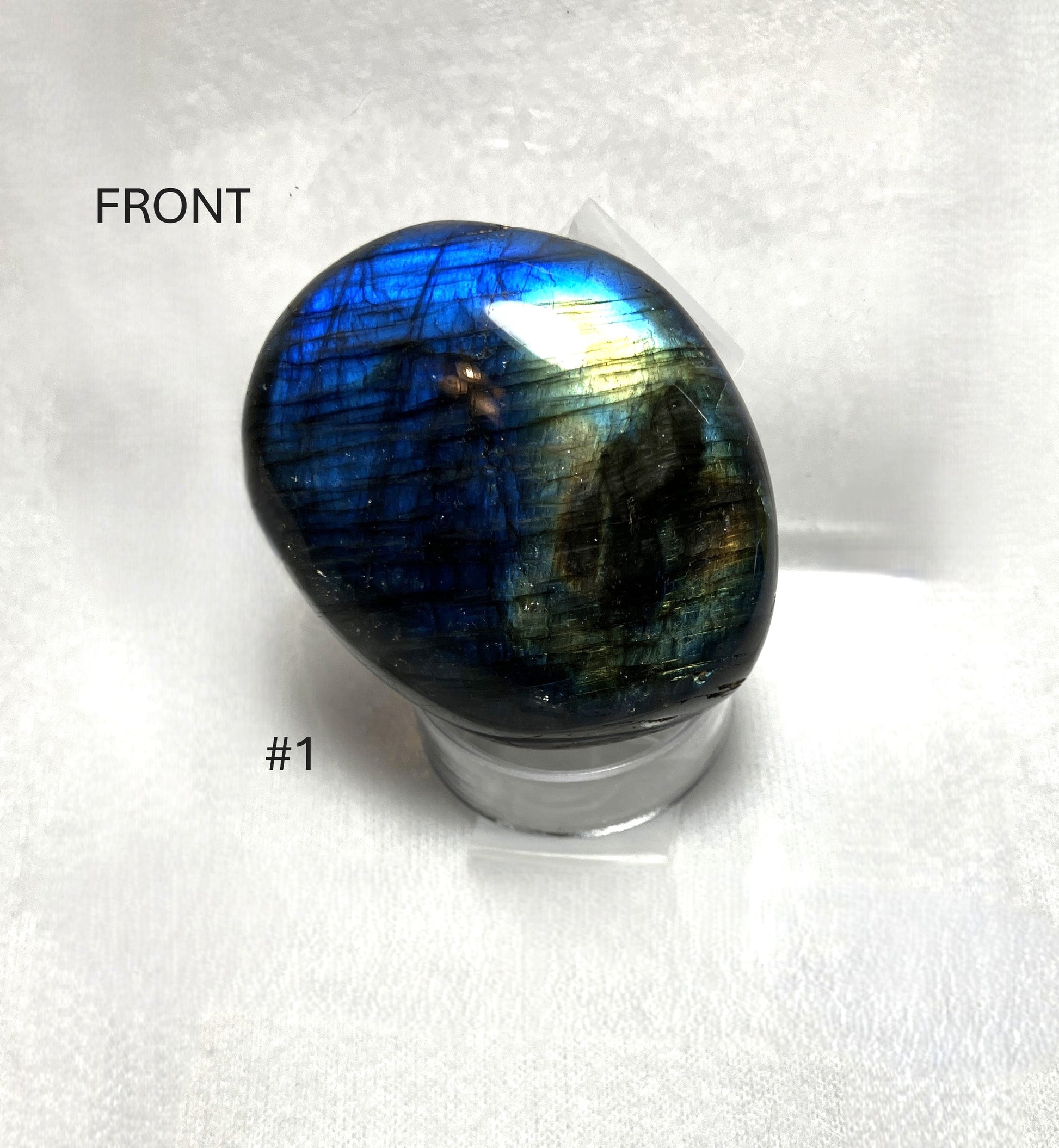 Labradorite gemstone on a white background with 'Front' and '#1' labels.