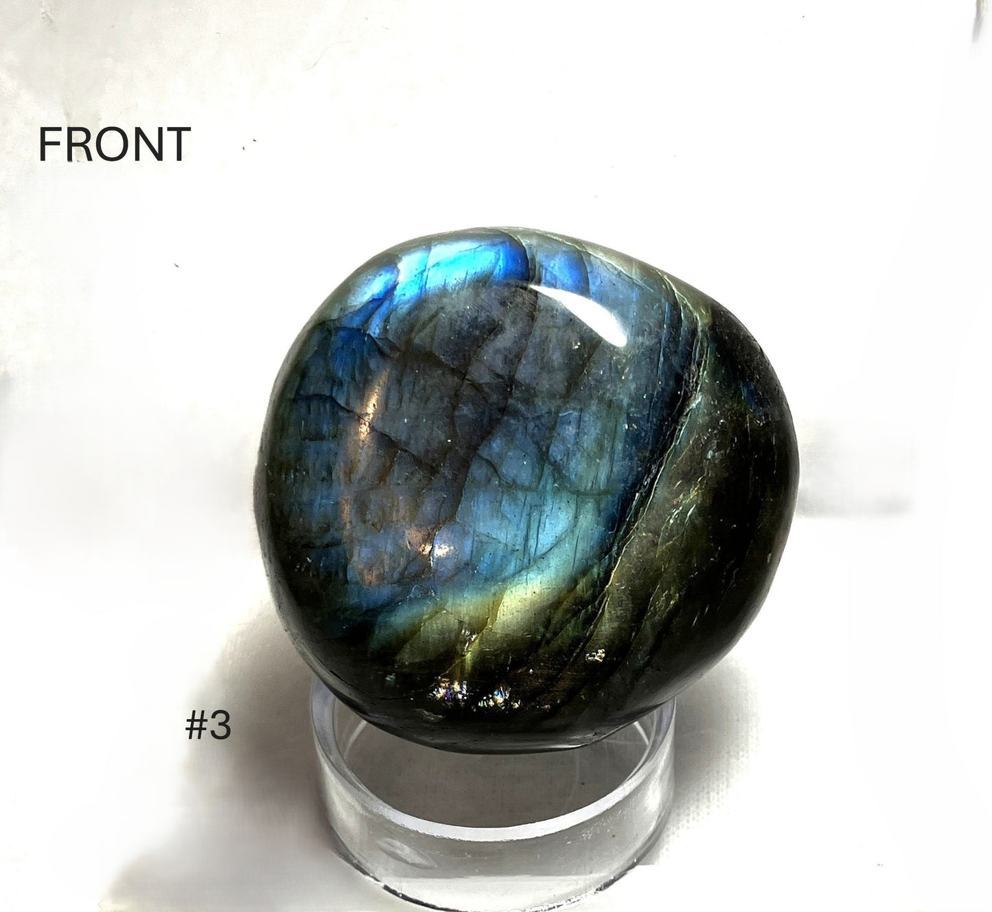Labradorite stone on a stand with 'Front' and '#3' labels on a white background