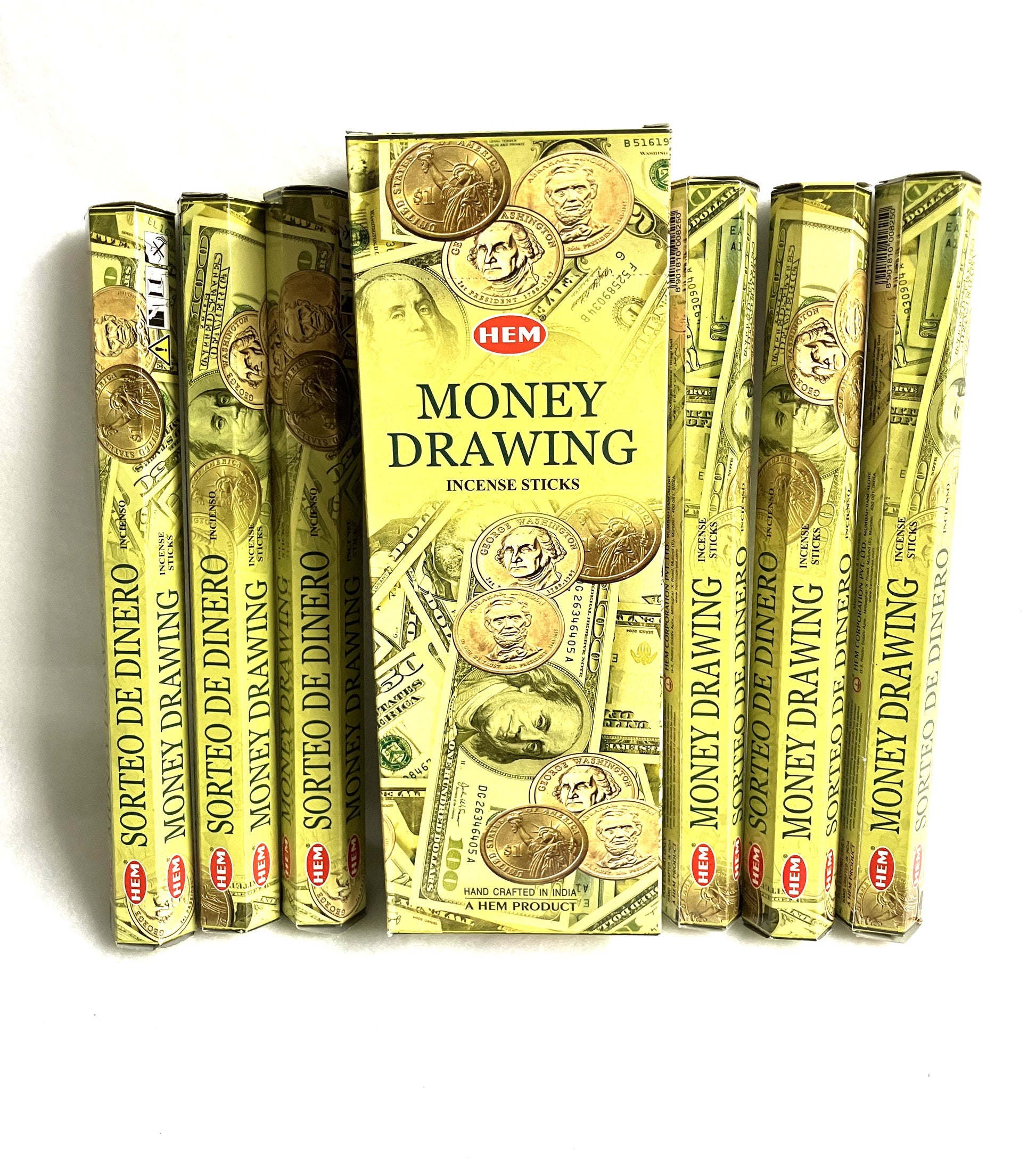 Box of HEM Money Drawing incense sticks with packaging featuring dollar bills and coins.