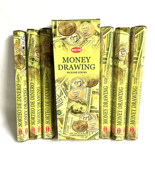 Box of HEM Money Drawing incense sticks with packaging featuring dollar bills and coins.