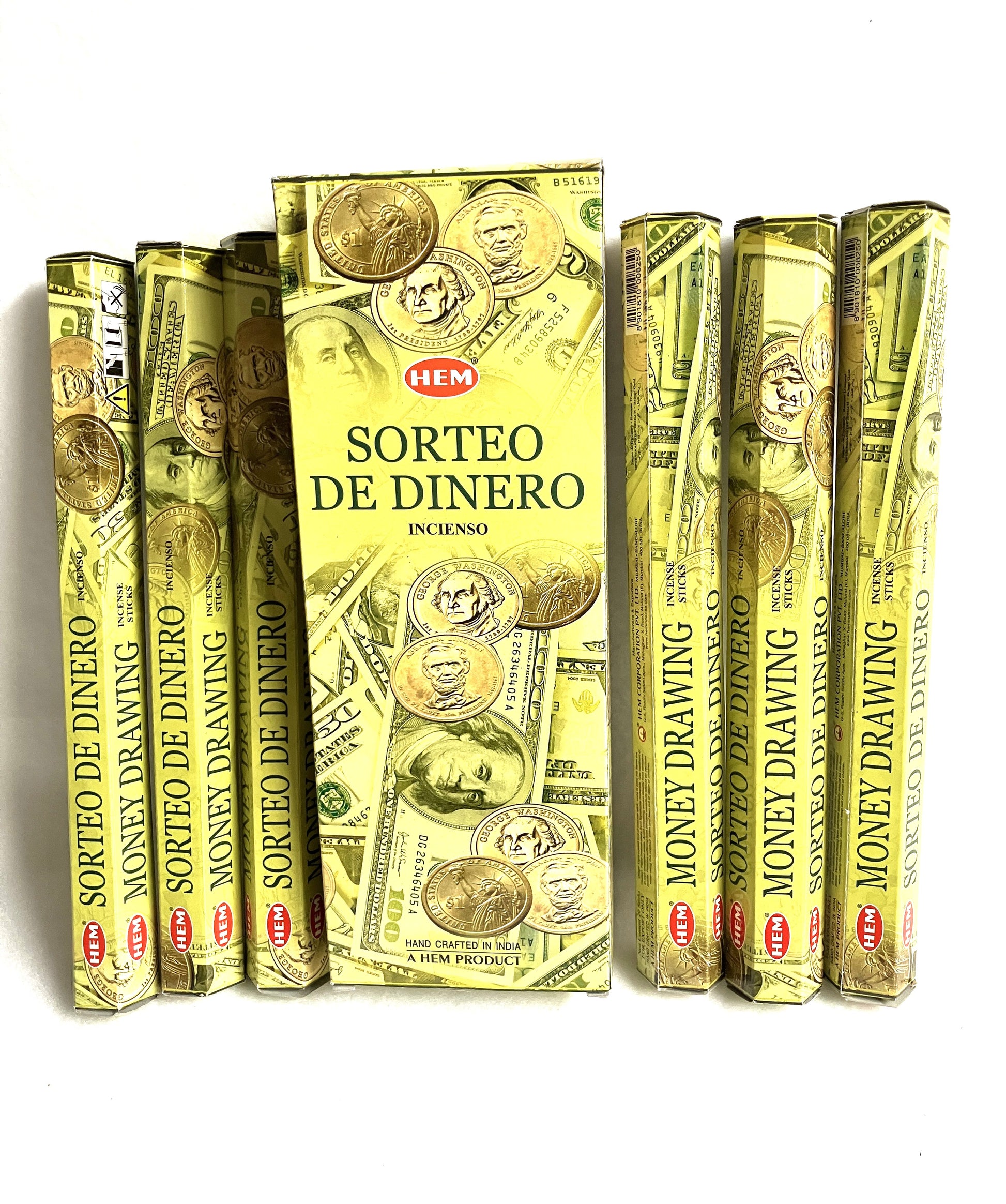 Pack of HEM Sorteo de Dinero incense sticks with packaging design resembling money.