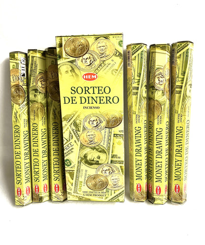 Pack of HEM Sorteo de Dinero incense sticks with packaging design resembling money.