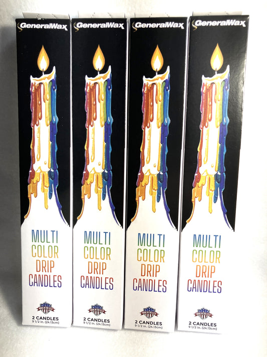 Four packages of Multi Color Drip Candles on a white background