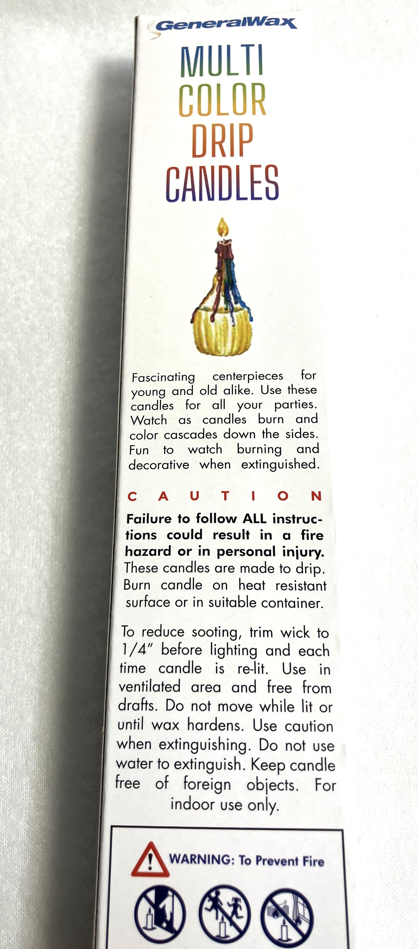 The backside of Multi Color Drip Candle boxes
